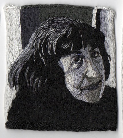 black and white embroidered portrait of artist Lee Krasner