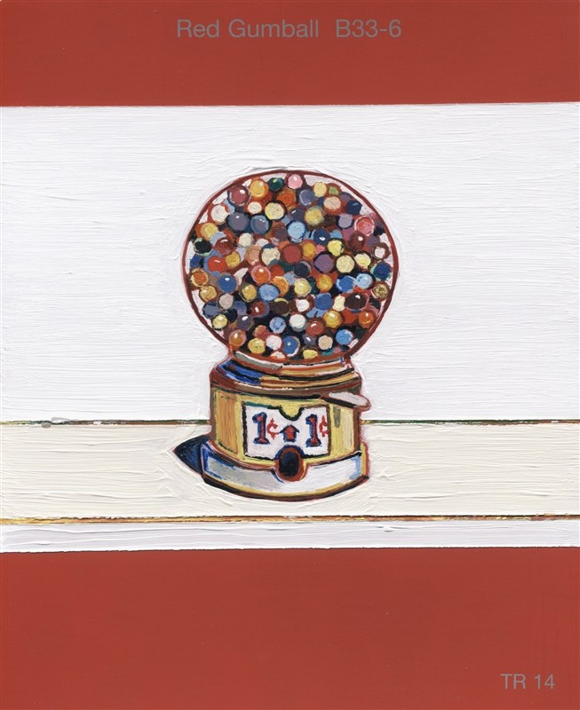 todd-johnson, artist, image from "Small Histories" exhibit; a gumball machine painted on a red gumball colored paint chip.