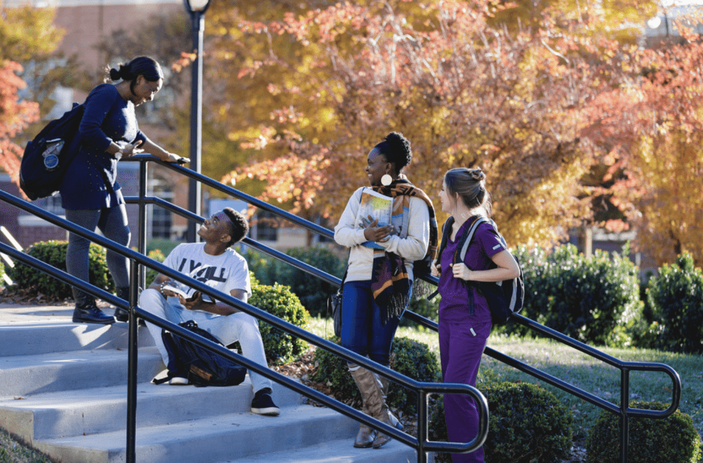 students in group sitting/standing on campus stairs