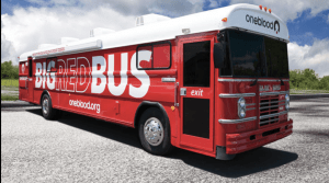 one blood big red bus for blood donations