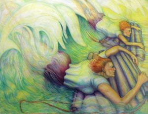 Painting of two people holding onto rafts with waves crashing over them