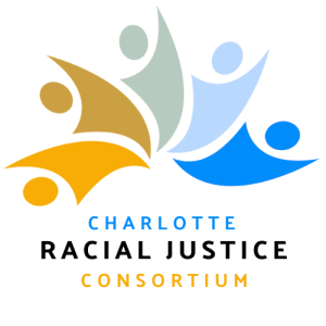 abstract images of people in orange and blue, Charlotte Racial Justice Consortium logo