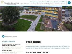 Parr Center website from Central Piedmont with large photo of the glass building at Central Campus