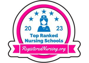 pink and blue logo from Registered Nursing.org for 2023 Top Ranked Nursing Schools