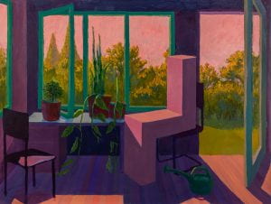 Painting in pinks and purples basked in sunlight. View is from inside home, with green plants on table and chairs around it. Large windows and door are open to green landscape.