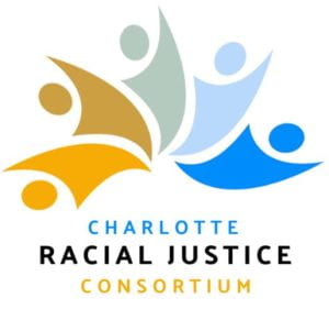 5 abstract people in an array of colors with Charlotte Racial Justice Consortium
