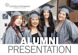 Alumni Presentation: Four smiling students in Central Piedmont caps and gowns