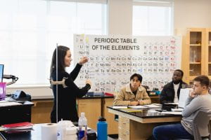 A teacher presents to a table of students in a chemistry classroom.