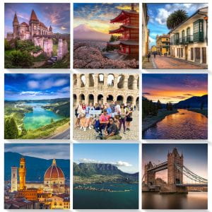 Collage of international cityscapes with a photo of students travelling abroad in the center