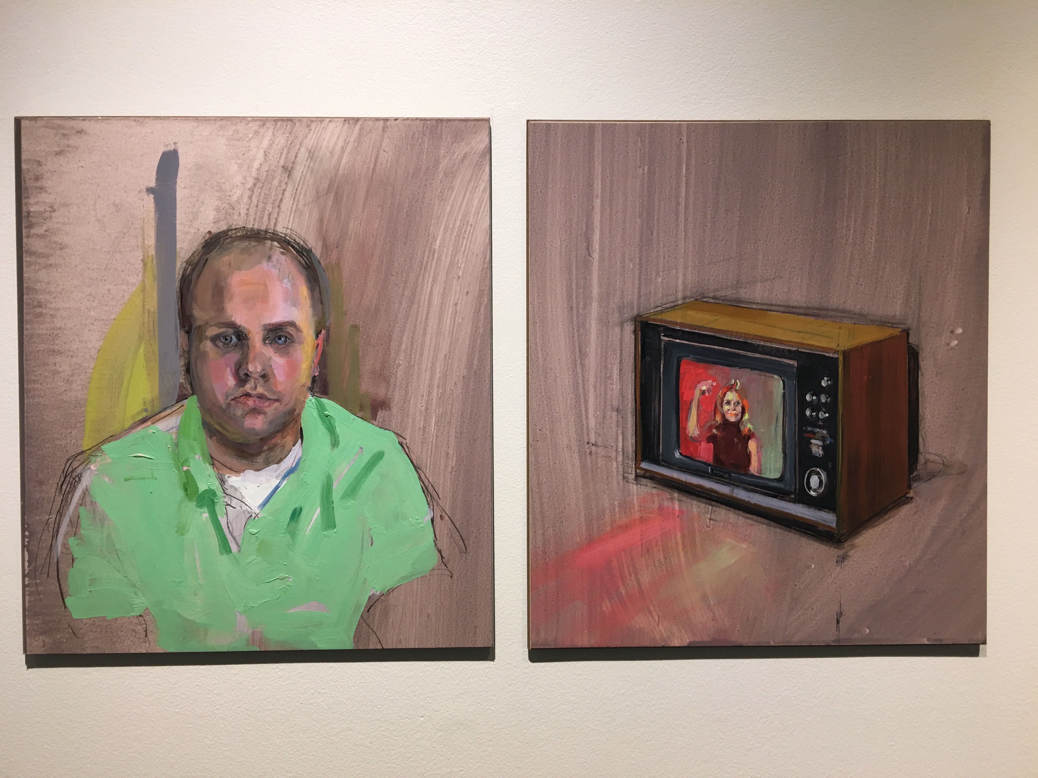 Diptych featuring male figure on left side; old fashion tv with "Bewitched" playing on right side.